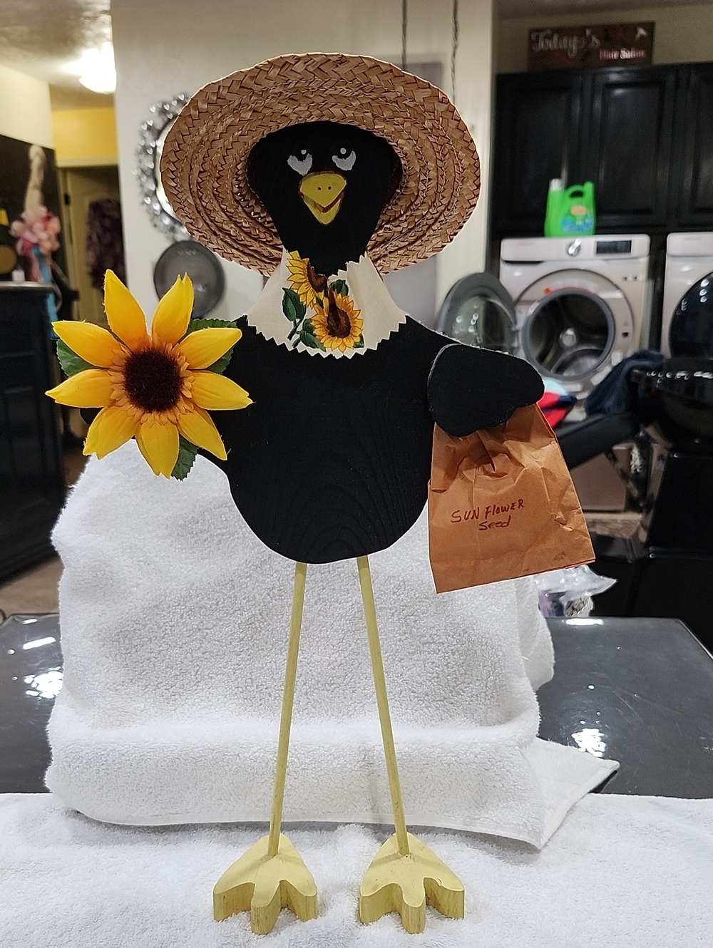 Vintage Handmade Black Wooden Crow Decor with Sunflower